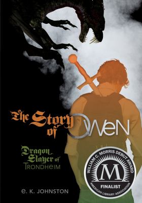 Book cover: Silhouette of a moody teen boy with a sword on his back, walking away from a much larger silhouette of a dragon.