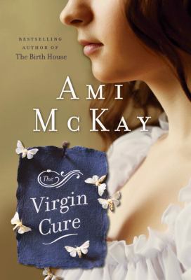 Book cover: Shows the lower part of a young girl's face, up to about the bottom of her shoulder blades. She is beautiful, dressed in a white, ruffled, old-fashioned dress or gown. Butterflies hold up a piece of blue cloth on which the title of the book appears.